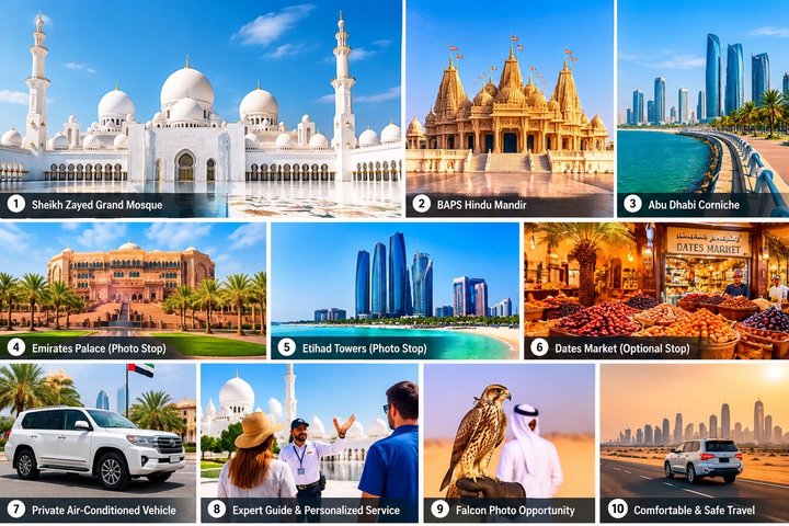 From Dubai: Private Abu Dhabi Tour, Grand Mosque & BAPS Mandir